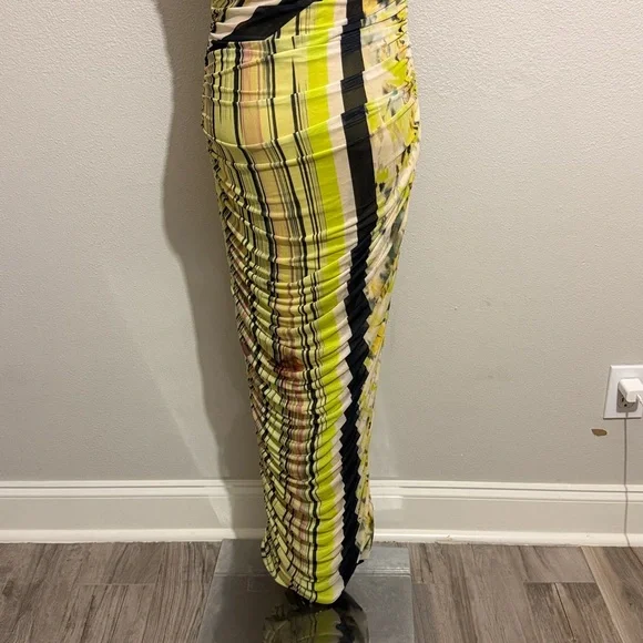 AFRM Biona Striped Ankle Length Bodycon Dress Asymmetrical Neck Ruched Mesh - Picture 8 of 10